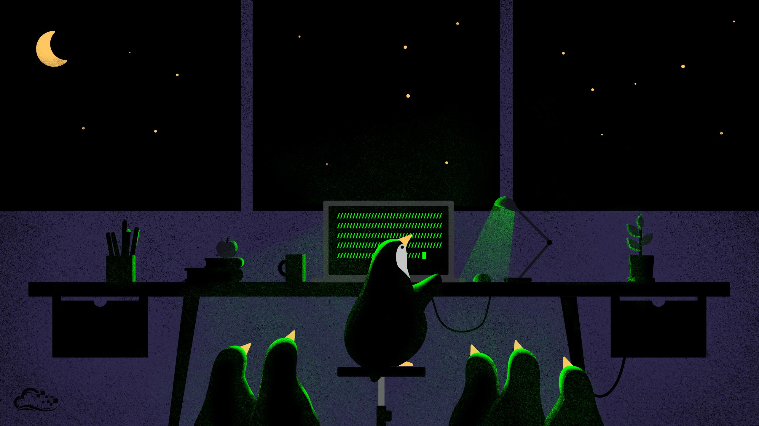 Stylized penguin figure on a dark field — site visual for Dave Enterprise